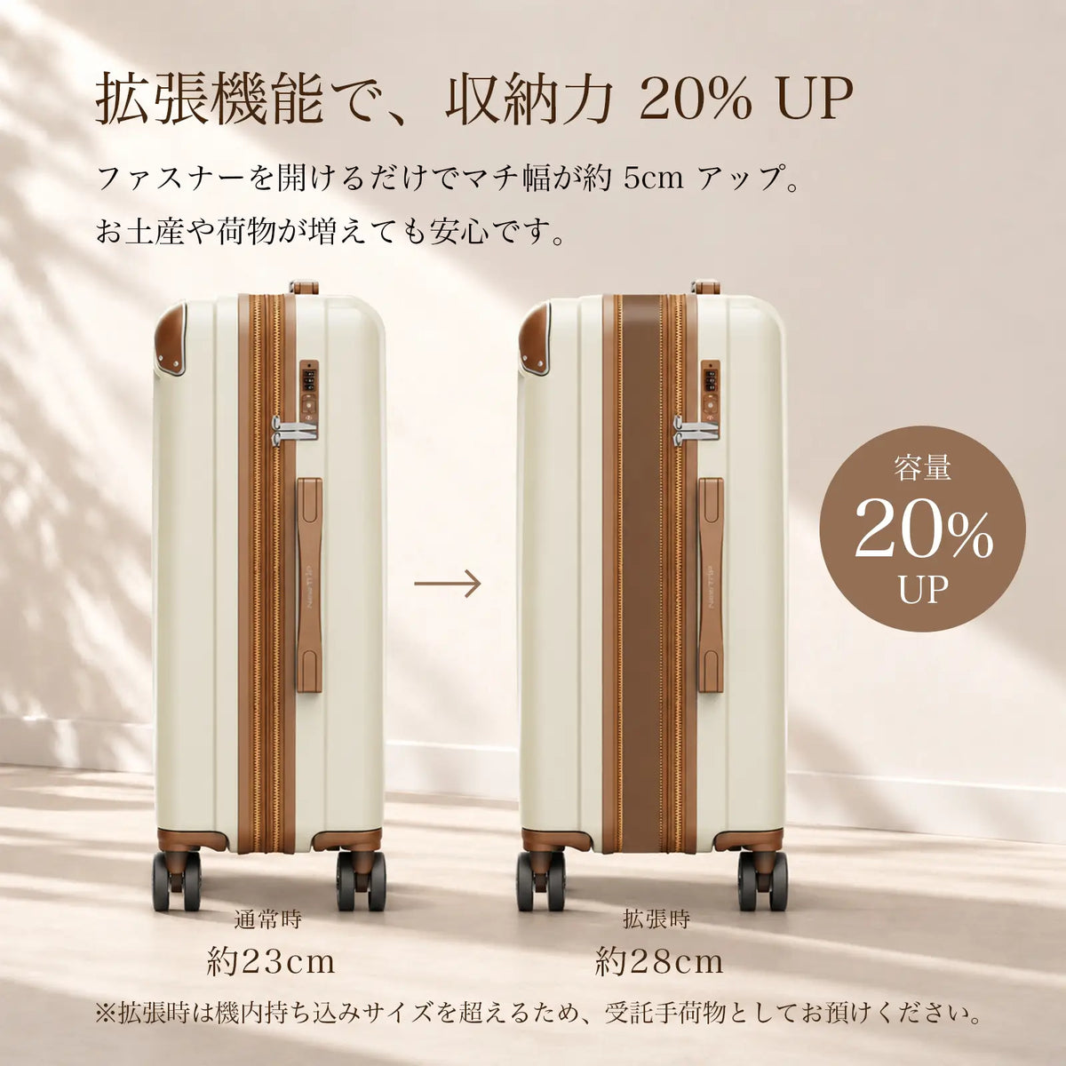 0201スーツケースには拡張機能が付き、収納力20%アップできる。