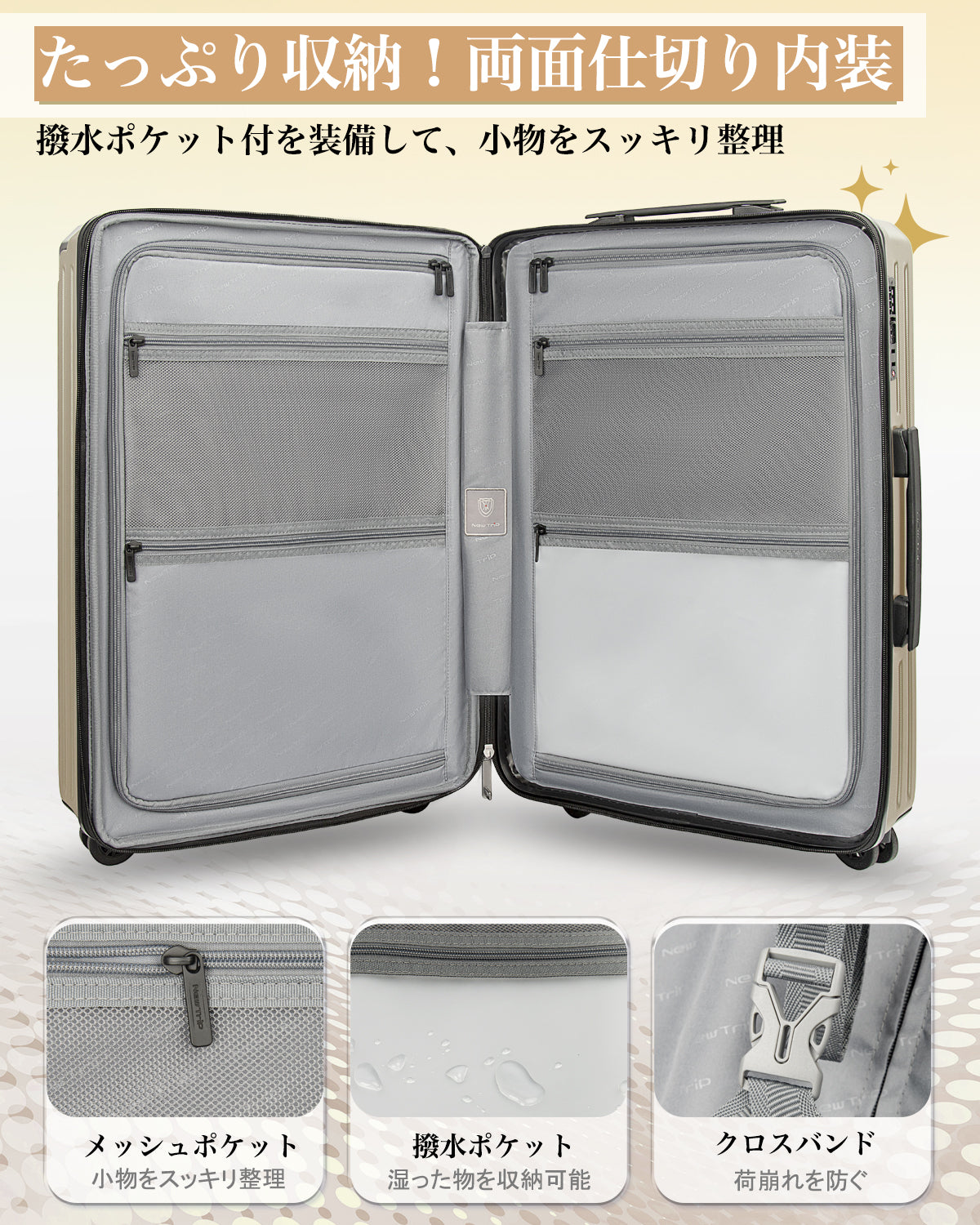 New Trip スーツケース PC素材×拡張機能搭載・HINOMOTO超静音キャスター 0502 多機能機内持ち込み