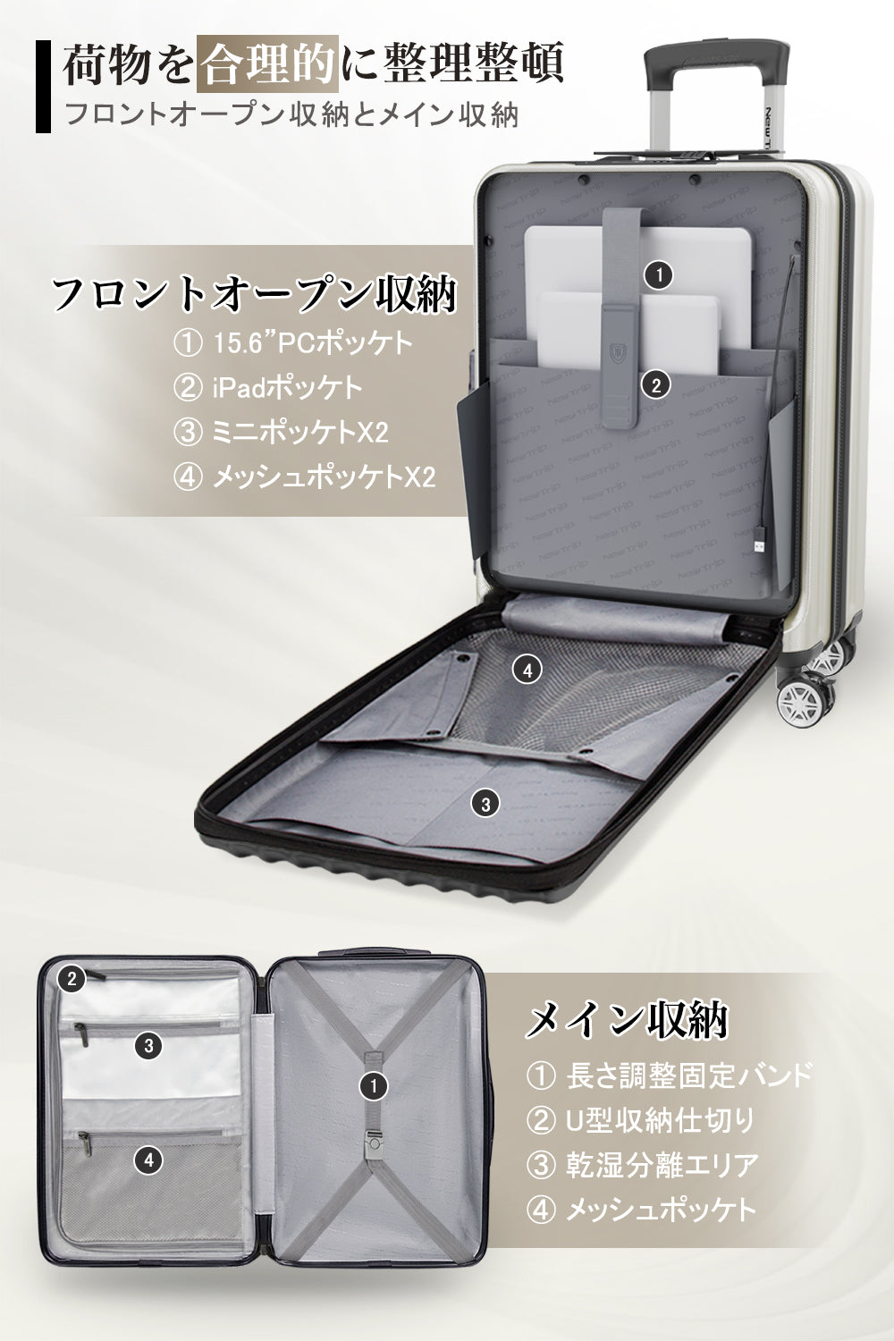 New Trip スーツケース フロントオープン式 ストツパー付き 0702Plus フロントオープン設計