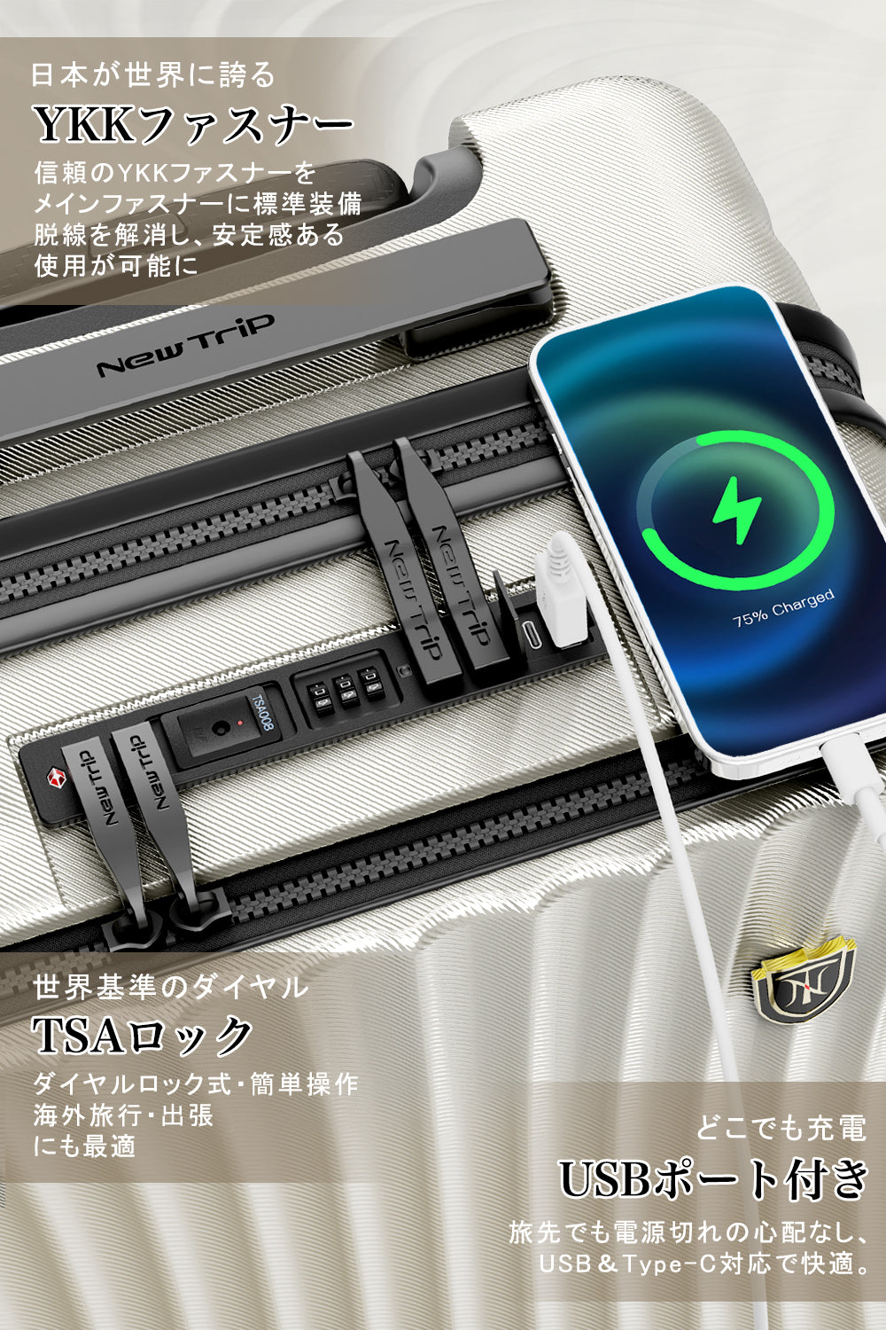 New Trip スーツケース 0702PlusはYKKファスナー、TSA008ロック、USBポート搭載。