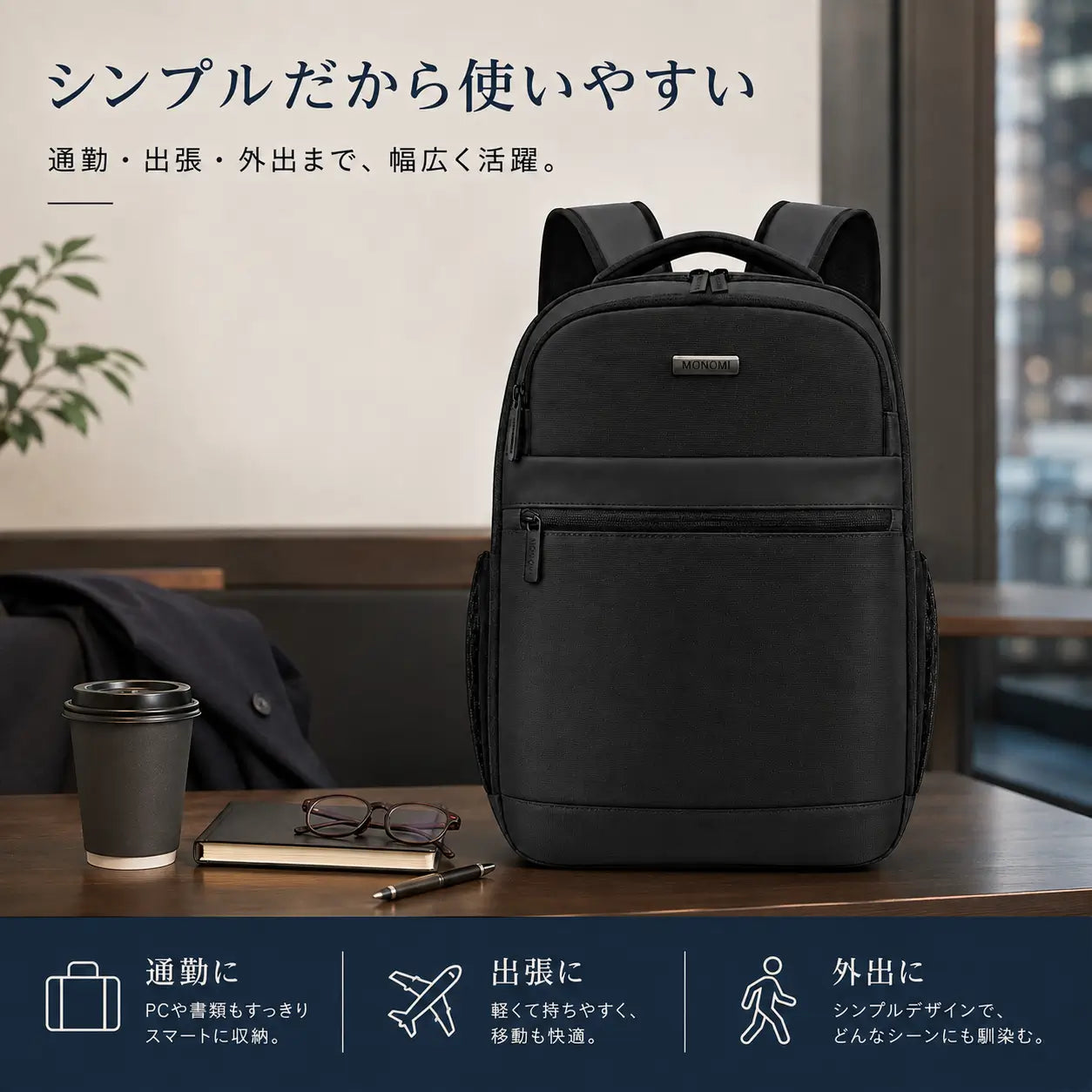 Monomi 軽量バックパック 15.6インチPC収納 USBポート搭載 2101 通勤・通学おすすめ