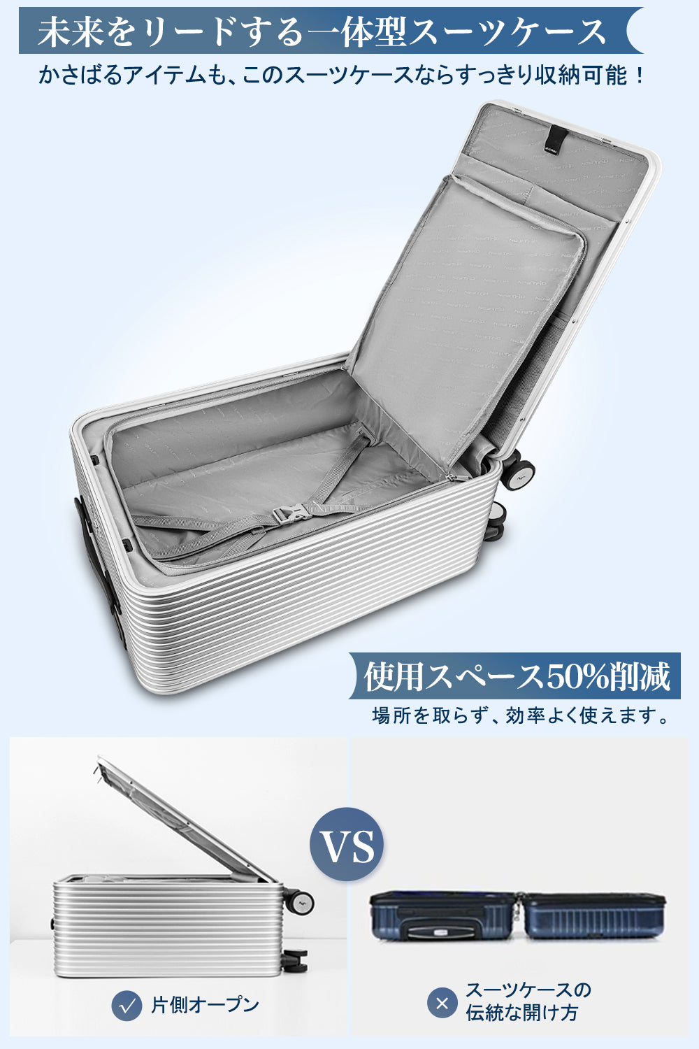 New Trip アルミ一体型スーツケース フロントオープン機能 0°~90°自由開閉可能 1302 人気新品
