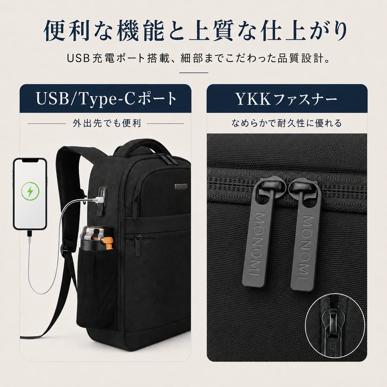 Monomi 軽量バックパック 15.6インチPC収納 USBポート搭載 2101 通勤・通学おすすめ