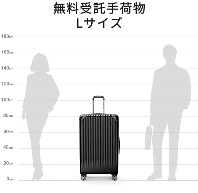 スーツケースLサイズは7泊以上に対応しています。飛行機の場合、無料受託できます。