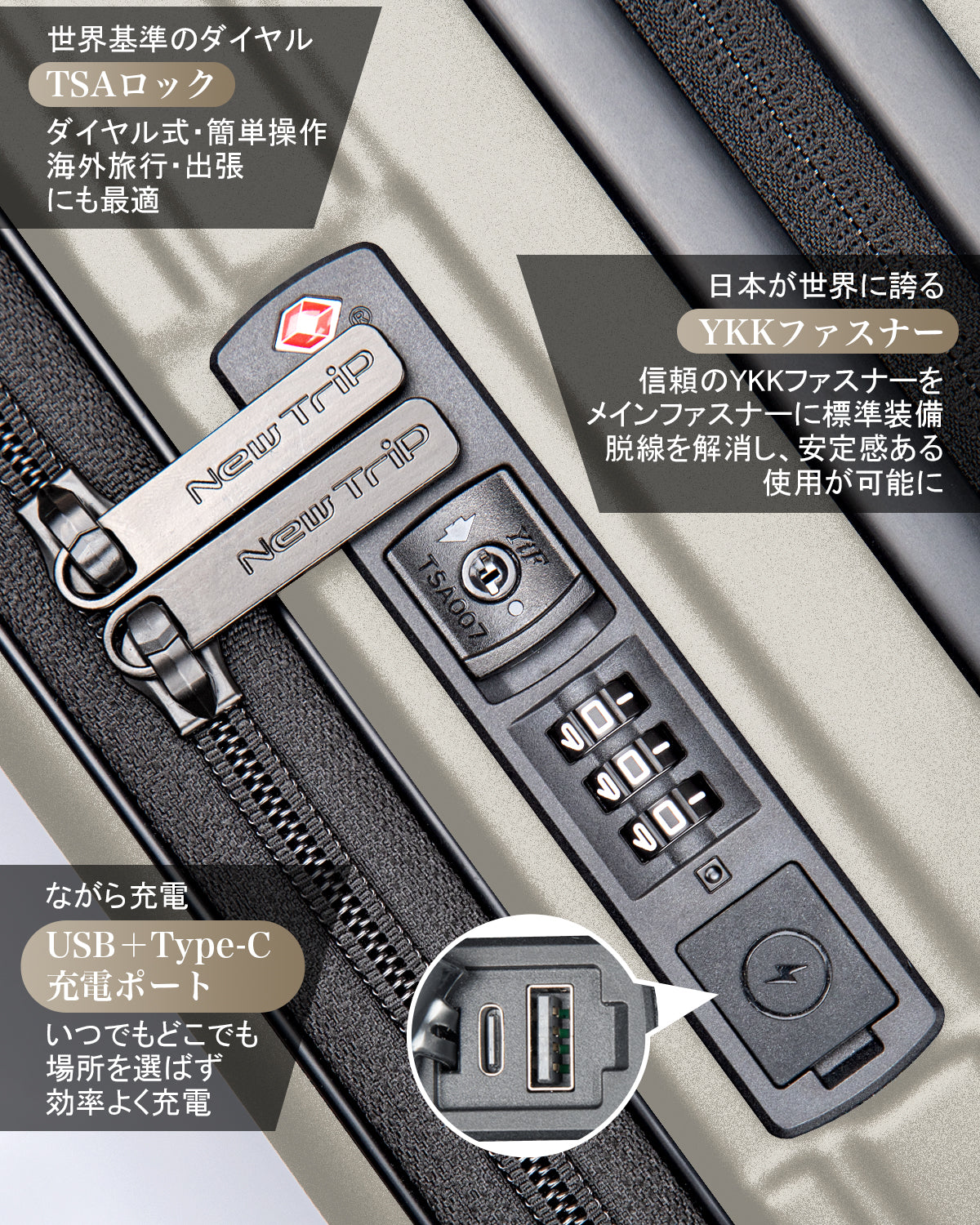 New Trip (ニュートリップ)スーツケース0501は、TSAロック、YKKファスナーとUSB充電ポートを搭載。