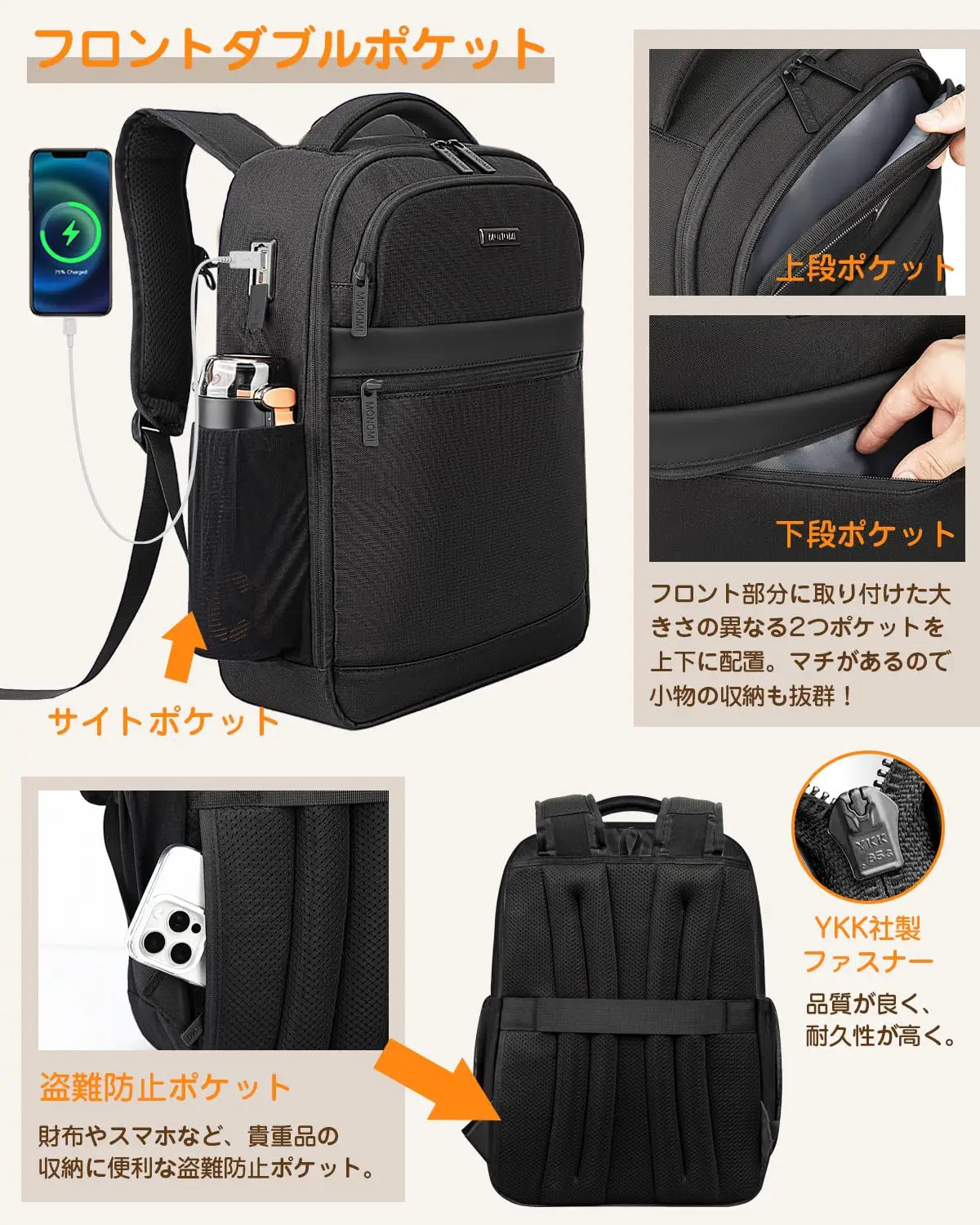 Monomi バックパック 15.6インチPC収納 USBポート搭載 軽量 2101 通勤・通学おすすめ