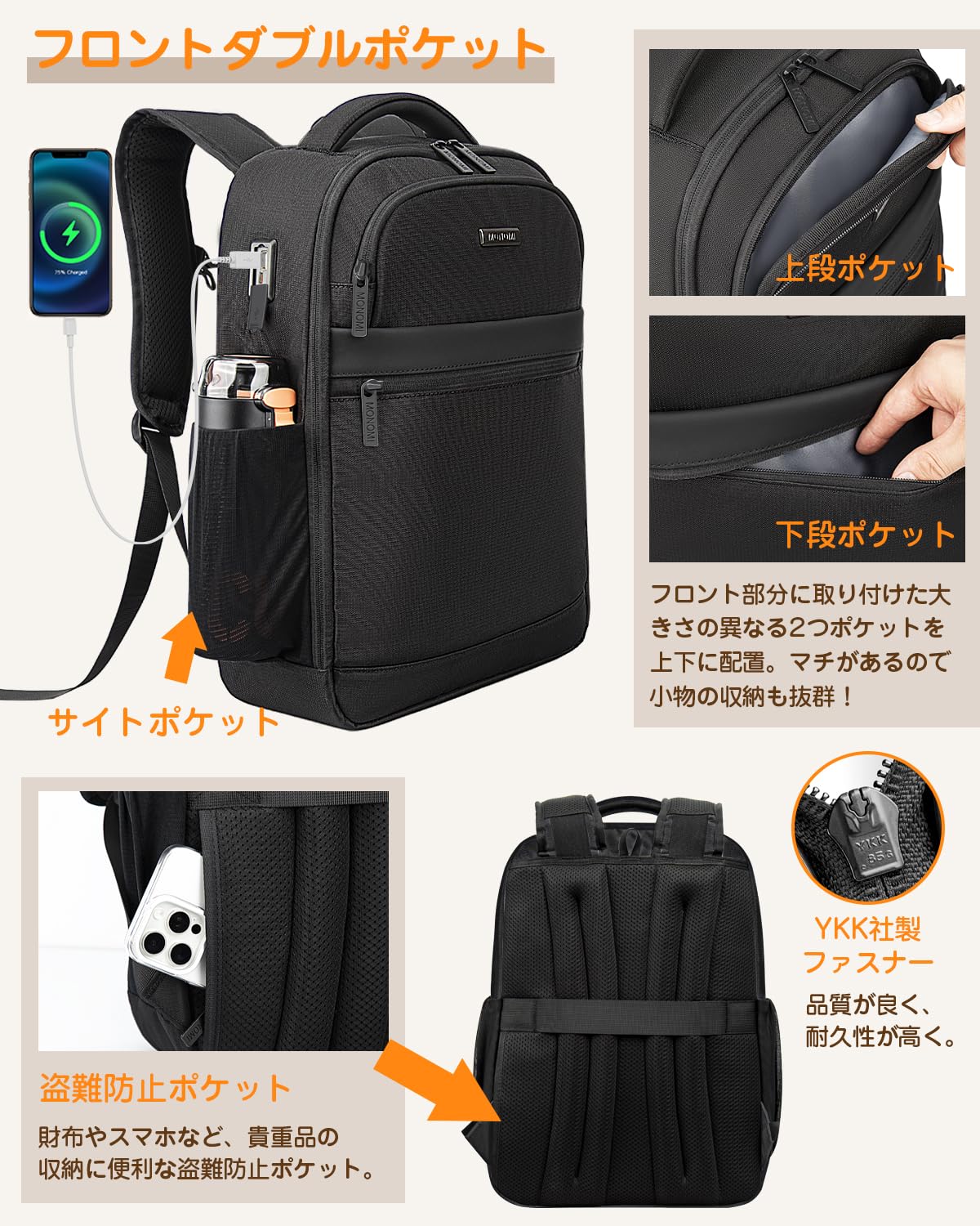 Monomi バックパック 15.6インチPC収納 USBポート搭載 軽量 2101 通勤・通学おすすめ