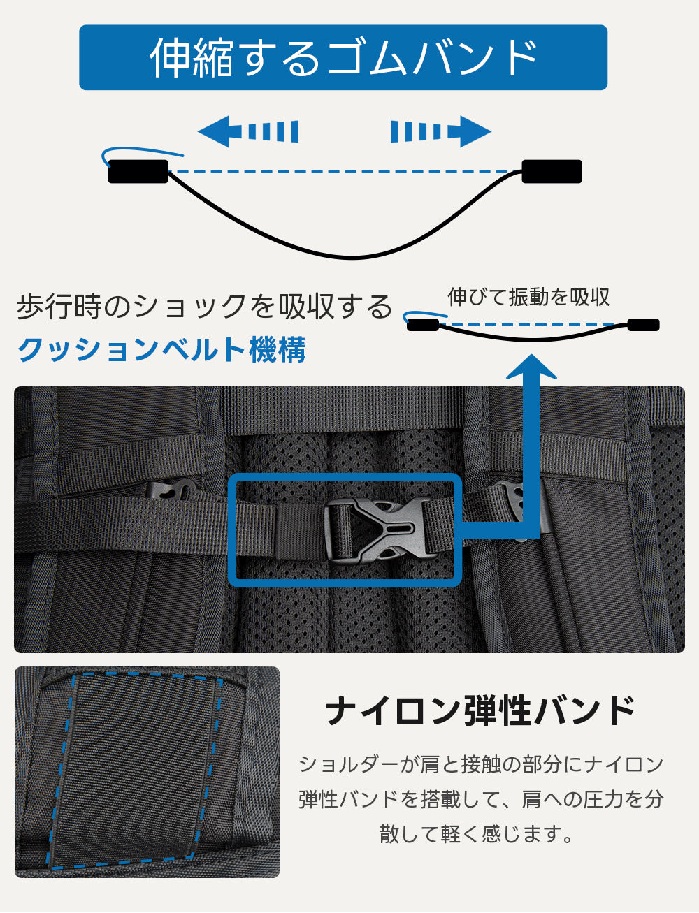 伸縮可能なバンド付きリュックサック