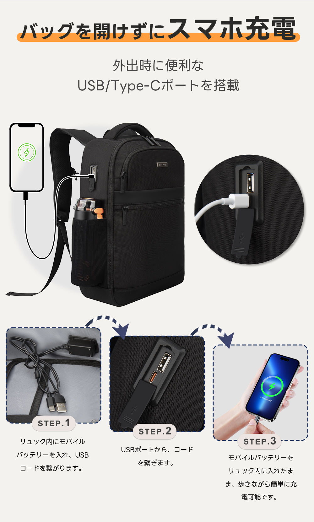 USB充電口付きリュックサック