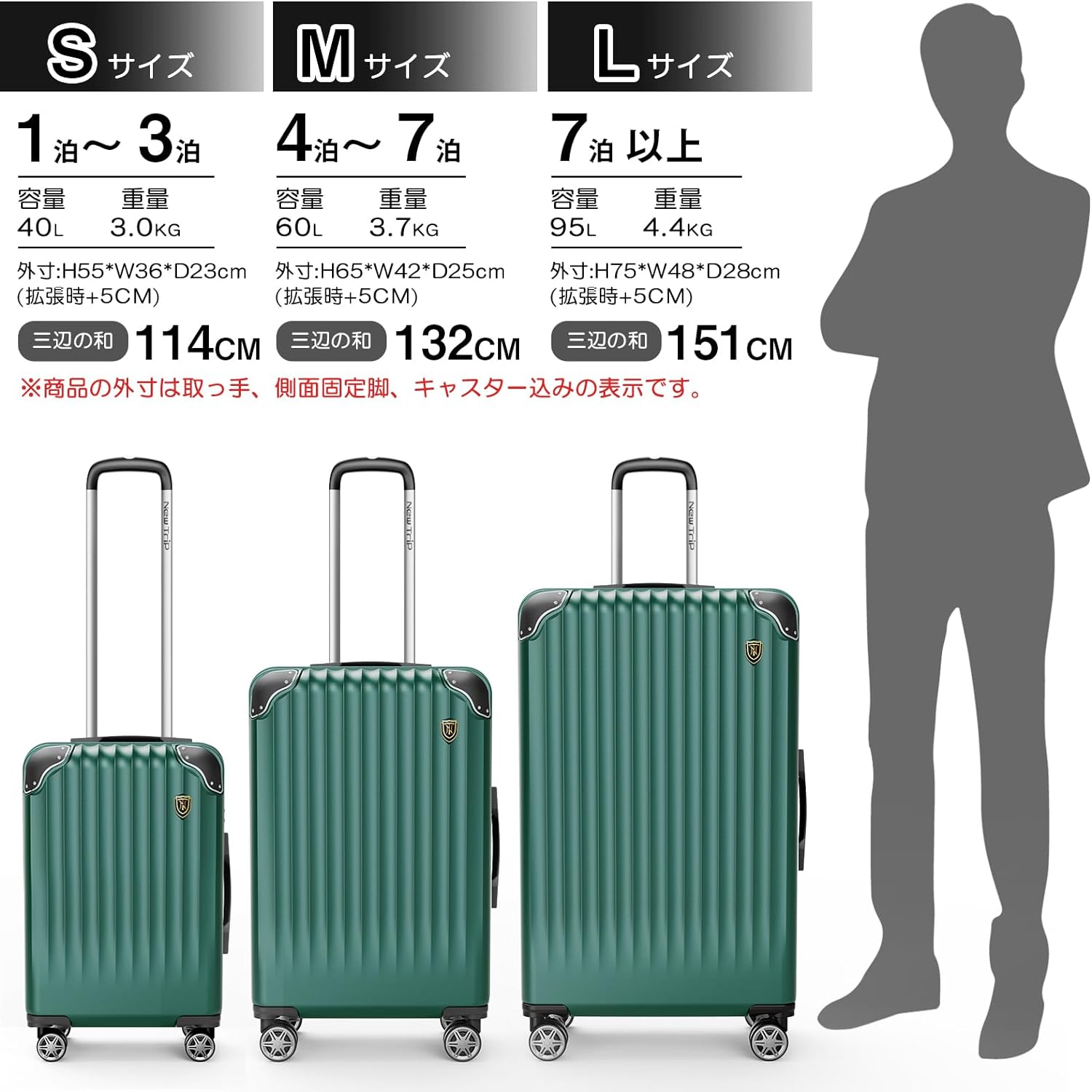 [New Trip] スーツケース 拡張機能付き S-L グリーン40L-95L 容量 静音 旅行 海外 出張