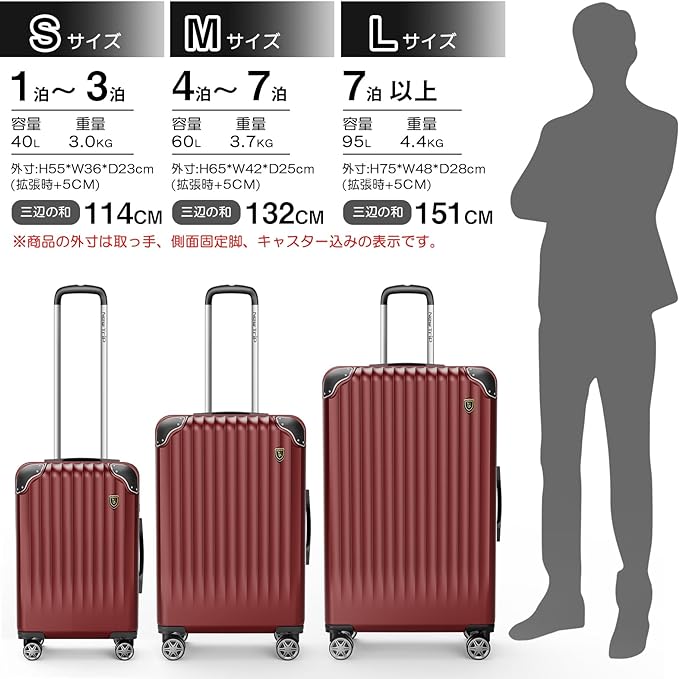 旅行スーツケース S-L ワインレッド 40L-95L 容量 静音 旅行 海外 出張