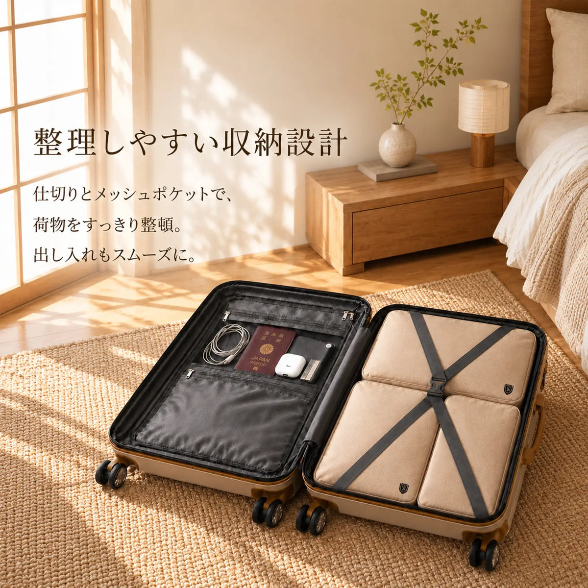 0201スーツケースは整理しやすいしゅうのうせ収納設計が付いている。