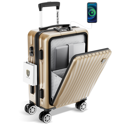 [New Trip] 캐리 케이스 프론트 오픈 기내 반입 USB 포트 부착 스토퍼 부착 가방 여행 출장 1-4박 40리터 S사이즈 샴페인 골드