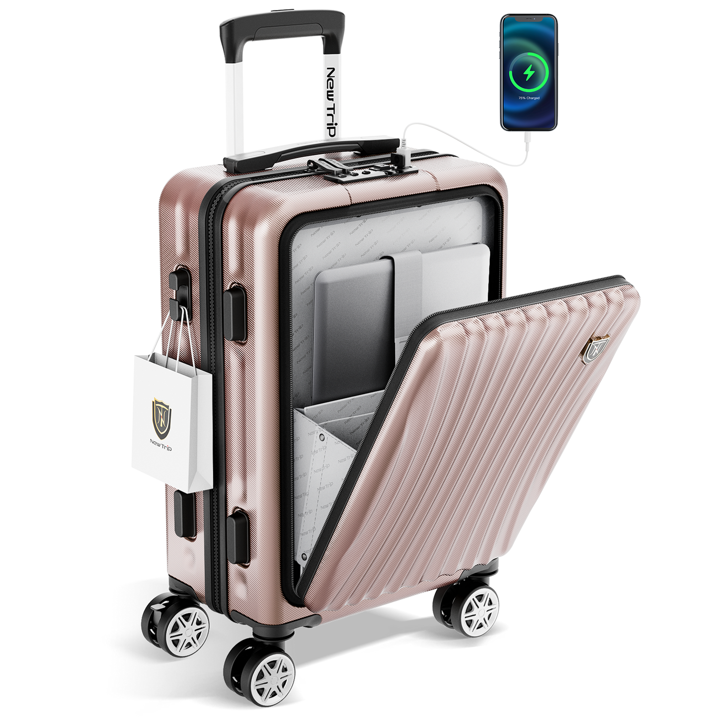 [New Trip] キャリーケース フロントオープン 機内持ち込み ストッパー付き スーツケー USBポート付き TSAロック 1-4泊  40リットル Sサイズ ローズゴールド