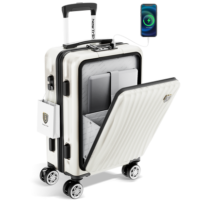 [New Trip] スーツケース フロントオープン 機内持ち込み ストッパー付き USBポート付き 旅行1-4泊 40リットル Sサイズ ホワイト