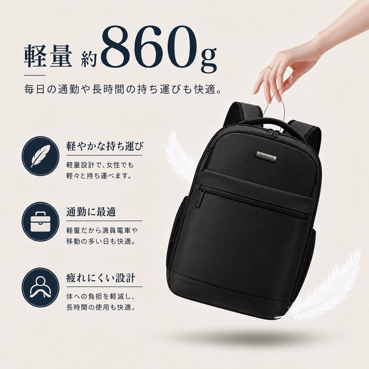 Monomi 軽量バックパック 15.6インチPC収納 USBポート搭載 2101 通勤・通学おすすめ