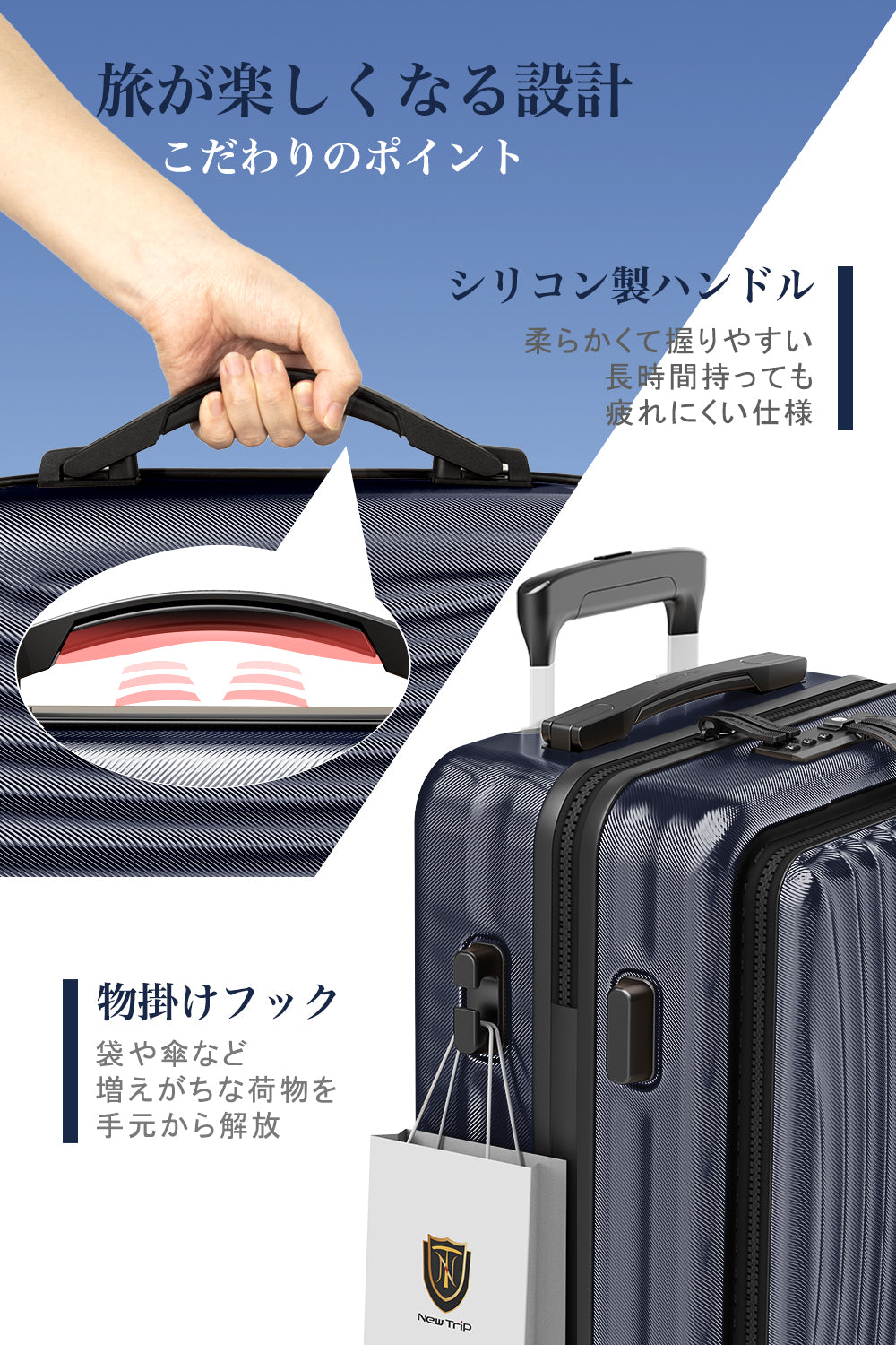 [New Trip] スーツケース フロントオープン 機内持ち込み ストッパー付き 出張 1-4泊 40リットル Sサイズ ブルー