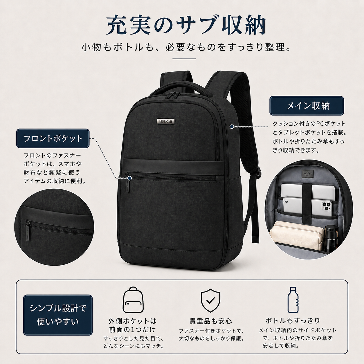 Monomi 軽量バックパック 15.6インチPC収納 USBポート搭載 2101 通勤・通学おすすめ