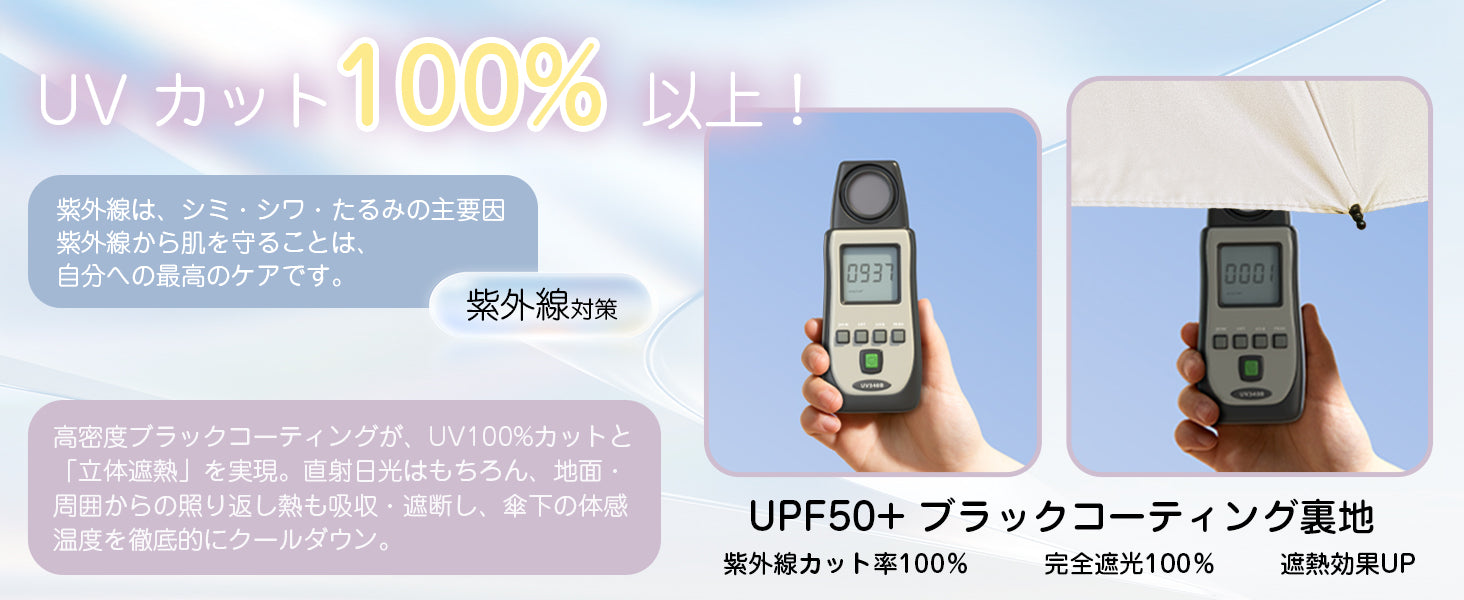 裏面に施されたUPF50+のブラックコーティングが、直射日光はもちろん、地面からの照り返しも吸収・遮断します。