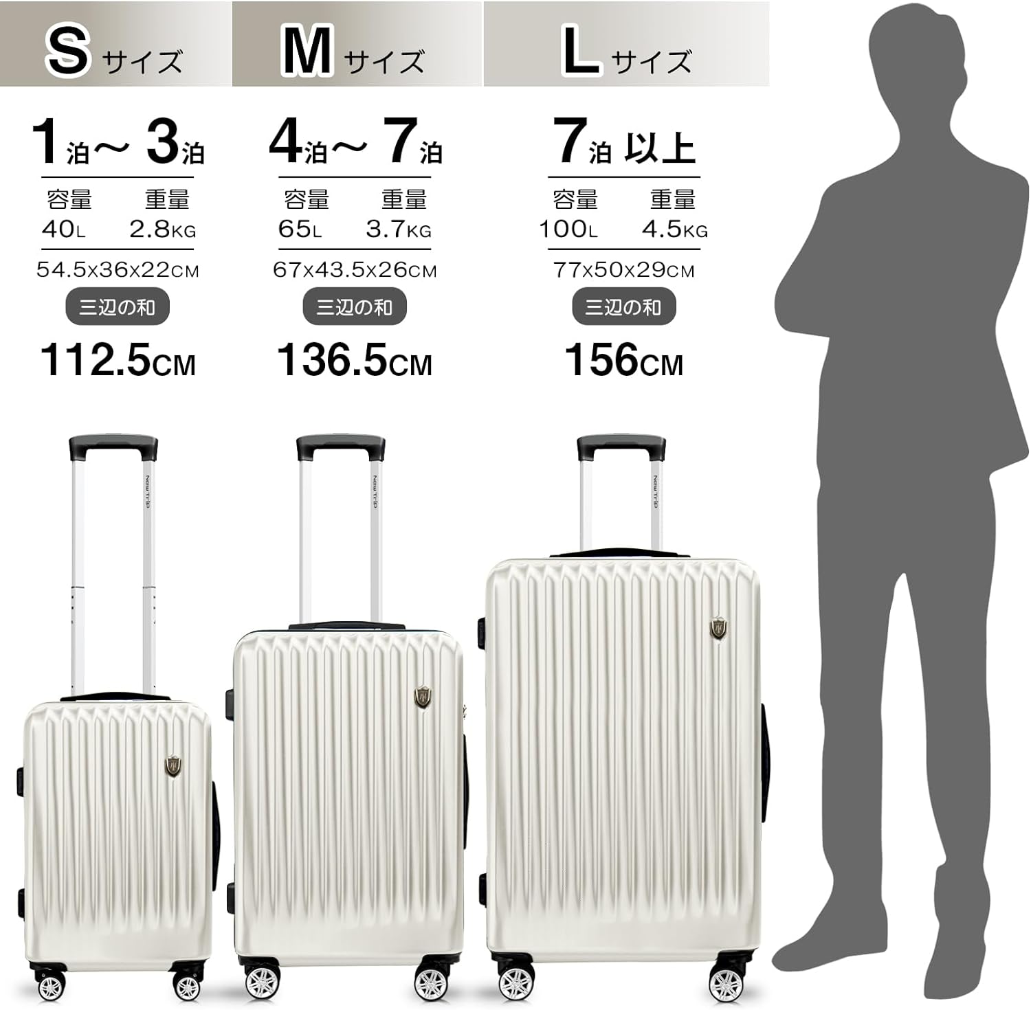 大型スーツケース ホワイト S〜L 快適な旅行のお供 – New Trip