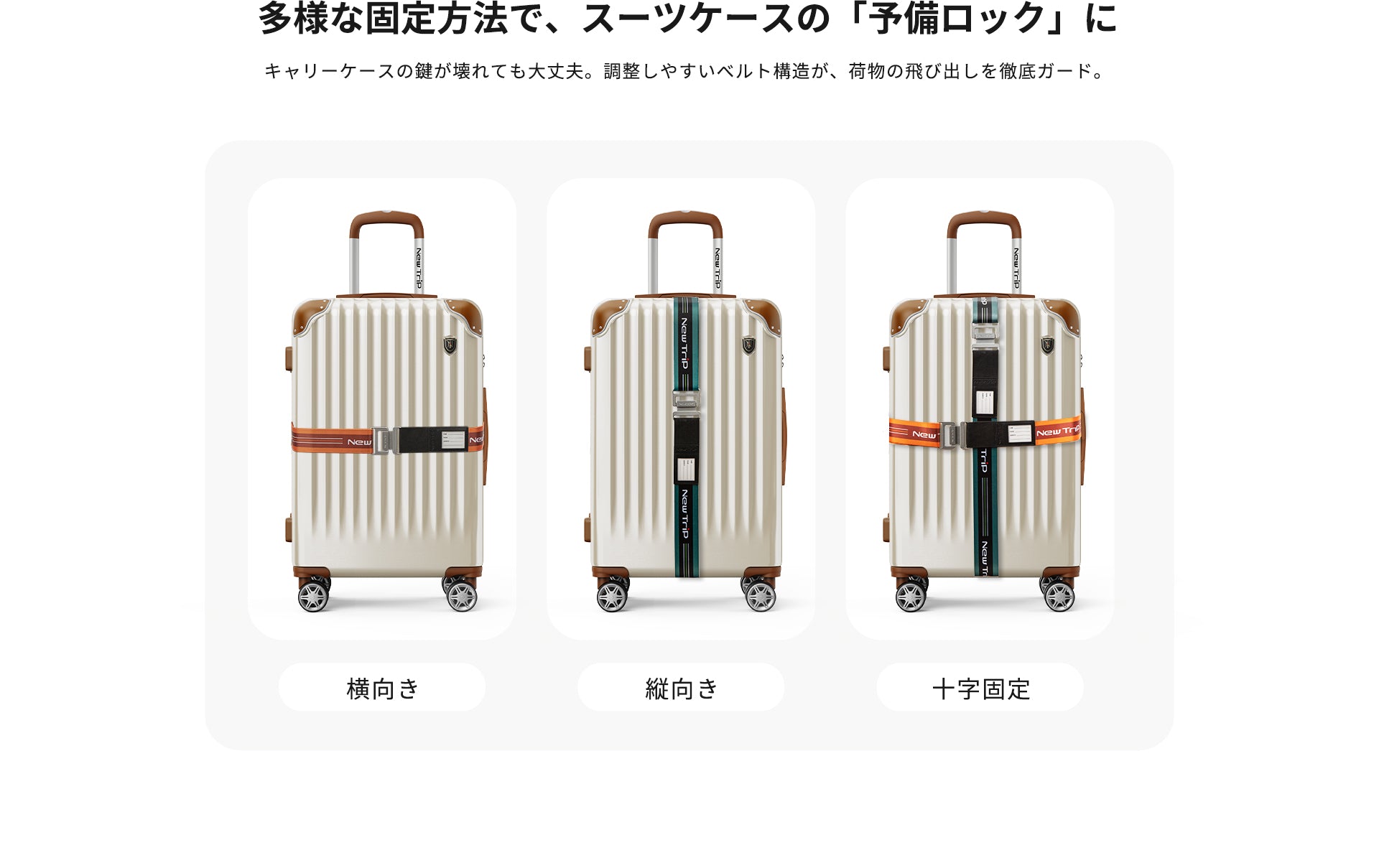 New Trip] スーツケースベルト|方形メタルバックル・PUネームタグ付き