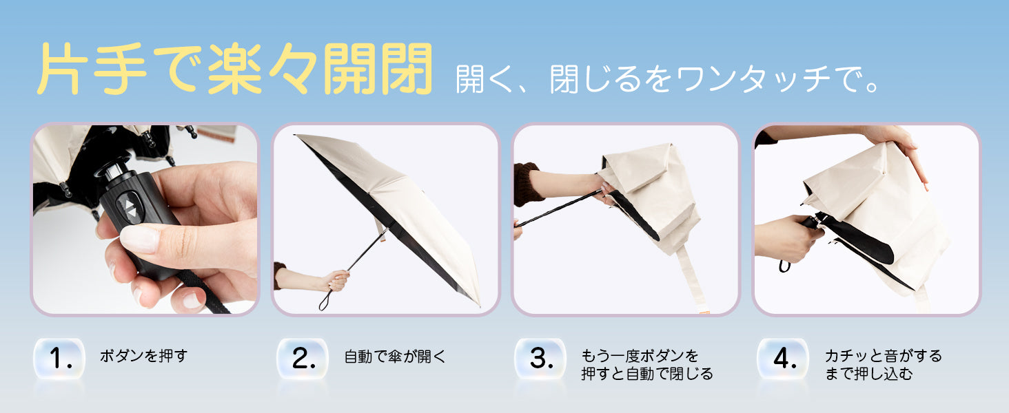 ハンドル部分のボタンを押すだけで自動で展開・収納が思いのままに行えます。