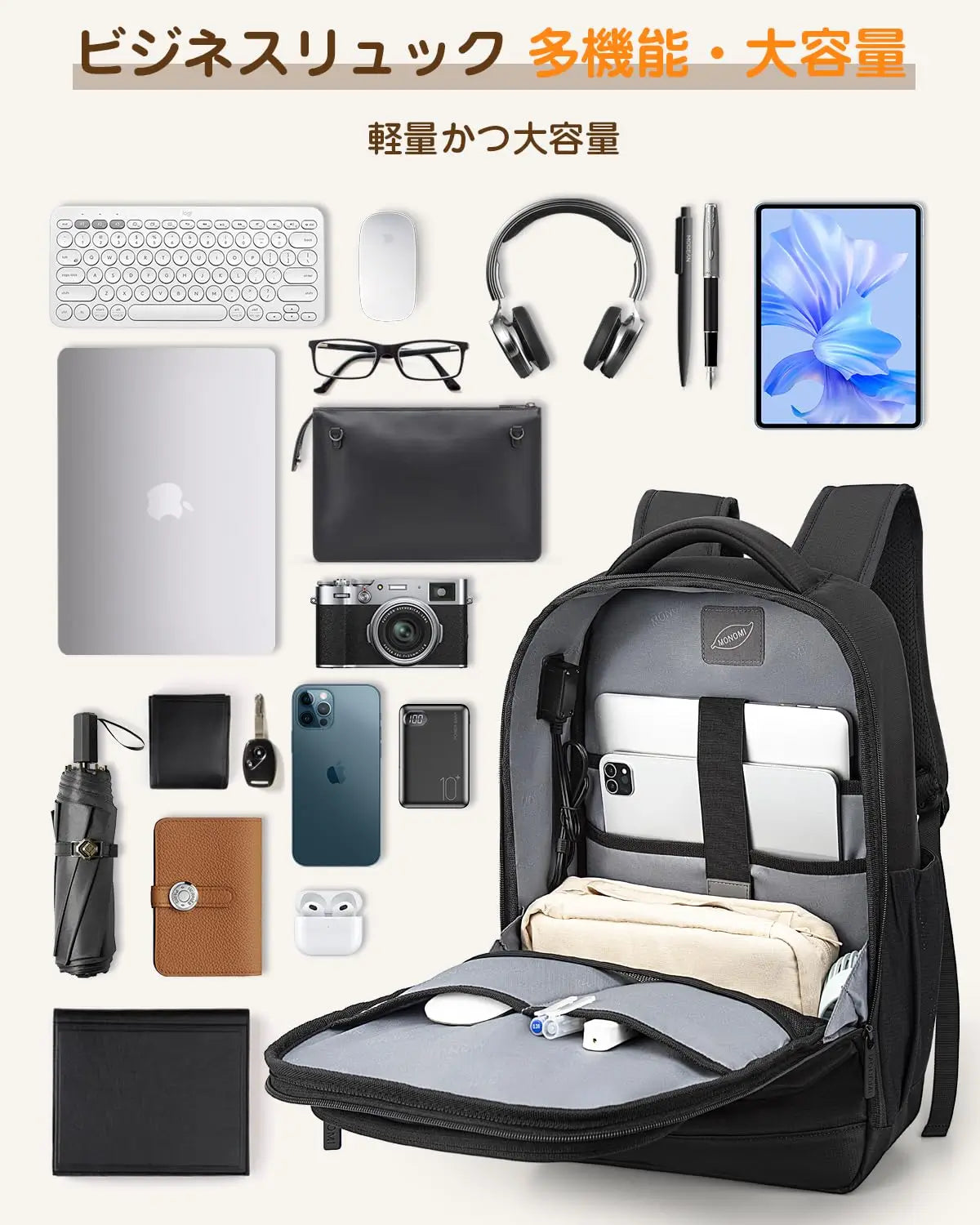 Monomi バックパック 15.6インチPC収納 USBポート搭載 軽量 2101 通勤・通学おすすめ
