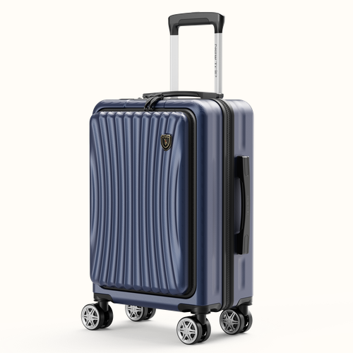 フロントオープン式で、軽量3.6kgで機内持ち込み対応、YKK製ファスナーを採用しダブルキャスターで重心バランスも安定し、アルミ製伸縮キャリバー、ゴムパット付きのハンドル。