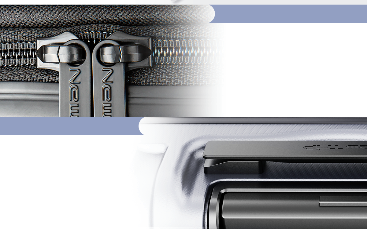 「New Trip 0201Plus」の魅力は、ジッパーは信頼のYKK製で、ロックには電子機器を充電できる便利なUSB/Type-Cポート付き。二重の衝突防止コーナーが衝撃をしっかりガード。サイドには物掛けフック付きの足があって、背面のドリンクホルダーは個人的にお気に入り。