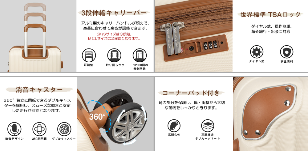 『New Trip GB0201』スーツケースは、静音キャスターを採用してるから、滑らかで快適な移動が実現。3段調整可能なアルミ製キャリバーは身長に合わせて変えられる。TSAロックを標準装備してる。