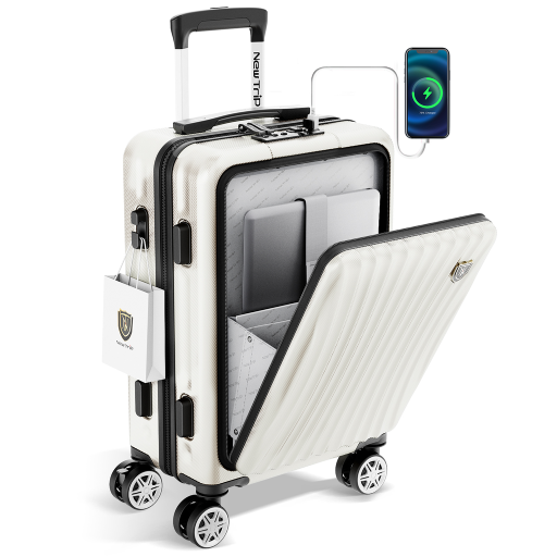 フロントオープン式とUSB充電ポートを備えた機内持ち込み対応が最大の特徴。
超軽量アルミ製キャリバーは多段調節でき、側面フックで手荷物もスマートに管理。
内装はU字型コンパートメントとメッシュポケットで整理しやすく、TSAロックでセキュリティも万全。