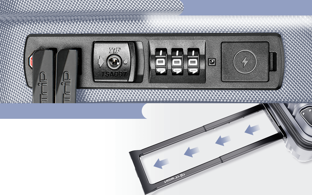 「New Trip 0201Plus」の魅力はハンドルはTPU素材で作られていて、手に持ったときの繊細な質感がすごく快適。
トロリーバーもオールアルミ製で高強度なうえ、4段階の高さ調節が可能。YiFブランドのTSAロックが付いているのは嬉しいポイント。