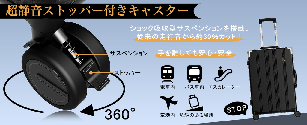New Trip 1101は、360度回転可能なダブルキャスターは、ショック吸収サスペンションを搭載し、約30％の騒音削減を実現。さらにキャスターストッパー付きで、電車内や傾斜地でも固定でき、使い勝手が向上しています。