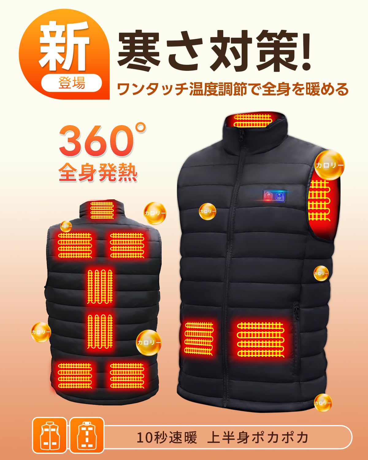 冬用電熱ベスト 軽量保温防寒着・男女兼用・前後独立ヒーターで・3段階温度調節 New Trip