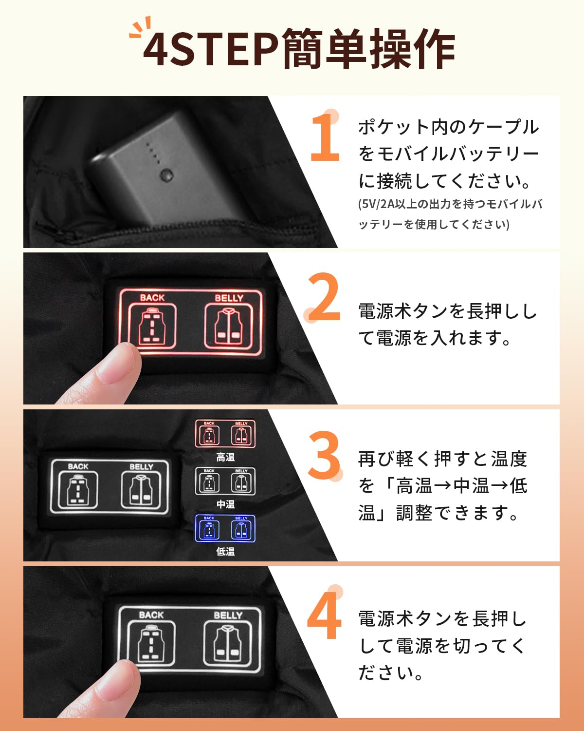 冬用電熱ベスト 軽量保温防寒着・男女兼用・前後独立ヒーターで・3段階温度調節 New Trip